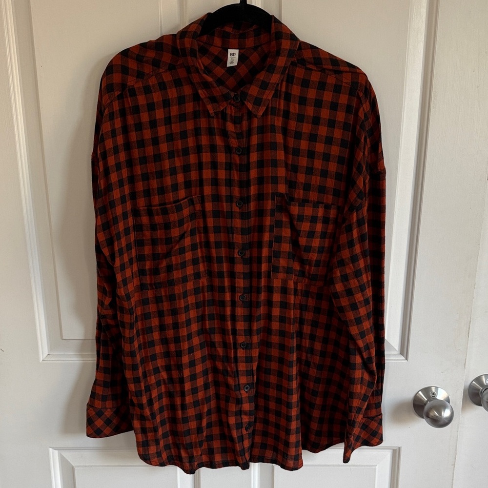 Women’s Orange and Navy Plaid Button-Up Shirt